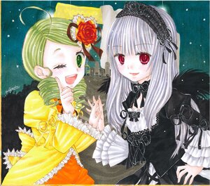 Rating: Safe Score: 0 Tags: 2girls dress drill_hair flower frills green_eyes green_hair image kanaria long_hair long_sleeves looking_at_viewer marker_(medium) multiple_girls one_eye_closed pair red_eyes rose shikishi silver_hair smile suigintou traditional_media wings User: admin