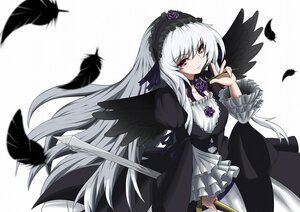 Rating: Safe Score: 3 Tags: 1girl black_feathers black_wings commentary_request dress feathered_wings feathers flower frilled_sleeves frills gothic_lolita hairband holding image lolita_fashion long_hair long_sleeves looking_at_viewer pov0178 purple_eyes purple_flower purple_rose red_eyes rose rozen_maiden silver_hair smile solo suigintou sword very_long_hair weapon white_hair wings User: admin