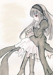 Rating: Safe Score: 0 Tags: 1girl bangs black_ribbon boots dress frills full_body hairband image juliet_sleeves long_hair long_sleeves puffy_sleeves red_eyes simple_background solo suigintou wings User: admin