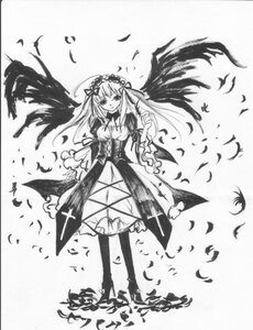 Rating: Safe Score: 0 Tags: 1girl dress feathers flower frills full_body greyscale hairband image lolita_hairband long_hair long_sleeves looking_at_viewer monochrome ribbon solo standing suigintou traditional_media wings User: admin