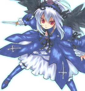 Rating: Safe Score: 0 Tags: 1girl black_wings boots dress flower frills hairband holding image lolita_hairband long_hair long_sleeves red_eyes ribbon rose silver_hair solo suigintou weapon wings User: admin