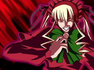 Rating: Safe Score: 0 Tags: 1girl blonde_hair bowtie capelet clenched_teeth dress evil_smile flower green_neckwear image long_hair long_sleeves red_dress red_eyes ribbon rose shinku solo teeth twintails User: admin