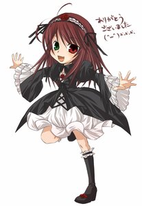 Rating: Safe Score: 0 Tags: 1girl :d ahoge blush brown_hair costume_switch dress frills full_body green_eyes hairband heterochromia image long_hair long_sleeves looking_at_viewer open_mouth red_eyes ribbon simple_background smile solo standing white_background User: admin