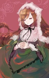 Rating: Safe Score: 0 Tags: 1girl black_ribbon breasts brown_hair closed_eyes closed_mouth dress frills hands_clasped hands_together hood image interlocked_fingers long_hair long_sleeves neck_ribbon own_hands_together smile solo suiseiseki very_long_hair User: admin
