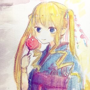 Rating: Safe Score: 0 Tags: 1girl apple bangs blonde_hair blue_eyes closed_mouth food fruit hair_ribbon holding holding_food holding_fruit image long_hair long_sleeves ribbon shinku smile solo striped traditional_media twintails upper_body User: admin