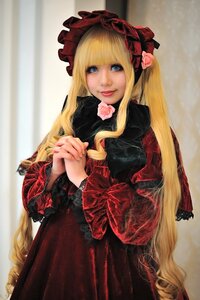 Rating: Safe Score: 0 Tags: 1girl bangs blonde_hair blue_eyes bonnet dress flower lips lolita_fashion long_hair long_sleeves looking_at_viewer realistic red_dress rose shinku solo twintails very_long_hair User: admin