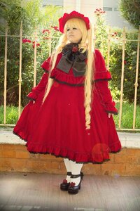 Rating: Safe Score: 0 Tags: 1girl blonde_hair bonnet bow capelet dress flower long_hair mary_janes outdoors red_dress shinku shoes solo standing white_legwear User: admin