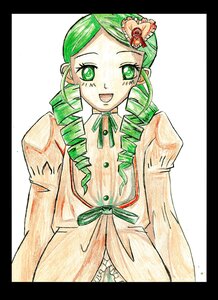 Rating: Safe Score: 0 Tags: 1girl :d black_border border colored_pencil_(medium) dress drill_hair green_eyes green_hair image kanaria letterboxed long_sleeves looking_at_viewer marker_(medium) neck_ribbon open_mouth pillarboxed ribbon simple_background smile solo traditional_media twin_drills upper_body white_background User: admin