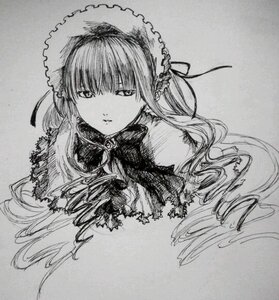 Rating: Safe Score: 0 Tags: 1girl auto_tagged bonnet bow bowtie closed_mouth drill_hair floating_hair greyscale image long_hair looking_at_viewer monochrome ribbon shinku solo traditional_media upper_body User: admin