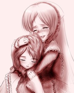 Rating: Safe Score: 0 Tags: 2girls blush closed_eyes crying dress frills long_hair long_sleeves monochrome multiple_girls siblings sisters smile tears twins User: admin