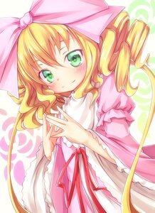 Rating: Safe Score: 0 Tags: 1girl blonde_hair blush bow dress drill_hair frills green_eyes hina_ichigo hinaichigo image long_hair long_sleeves looking_at_viewer pink_bow pink_dress ribbon smile solo striped vertical_stripes User: admin