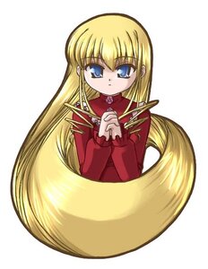 Rating: Safe Score: 0 Tags: 1girl bangs blonde_hair blue_eyes hands_clasped image long_hair long_sleeves looking_at_viewer own_hands_together shinku simple_background solo striped upper_body very_long_hair white_background User: admin