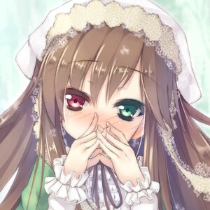 Rating: Safe Score: 0 Tags: 1girl blush brown_hair covering_mouth dress frills head_scarf image long_hair long_sleeves looking_at_viewer red_eyes ribbon solo suiseiseki tears veil User: admin
