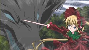 Rating: Safe Score: 0 Tags: 1girl blonde_hair blue_eyes bow bowtie dress flower forest holding image long_hair long_sleeves outstretched_arm red_dress rose shinku solo weapon User: admin