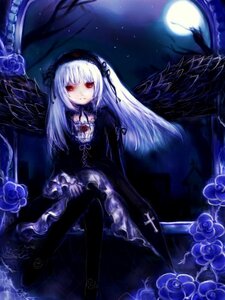 Rating: Safe Score: 0 Tags: 1girl black_wings blue_flower blue_rose cross dress flower frills full_moon hairband image long_hair long_sleeves looking_at_viewer moon night purple_flower purple_rose red_eyes rose silver_hair sitting solo suigintou wings User: admin