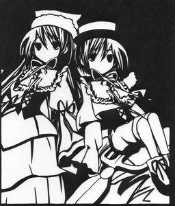 Rating: Safe Score: 0 Tags: 2girls auto_tagged dress frills greyscale hat image long_hair long_sleeves looking_at_viewer monochrome mouth_hold multiple_girls pair ribbon simple_background souseiseki suiseiseki User: admin