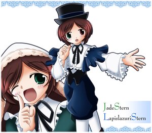 Rating: Safe Score: 0 Tags: 1girl :d blue_dress brown_hair dress frills green_eyes hat heterochromia image long_sleeves looking_at_viewer open_mouth pair red_eyes ribbon siblings sisters smile souseiseki suiseiseki top_hat twins white_background User: admin