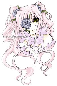 Rating: Safe Score: 0 Tags: 1girl flower hair_flower hair_ornament image kirakishou long_hair pink_hair rose simple_background solo striped vertical_stripes vines yellow_eyes User: admin