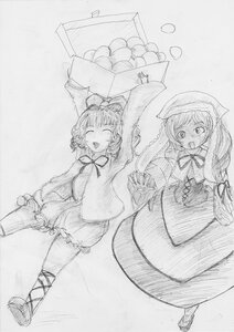 Rating: Safe Score: 0 Tags: 2girls :d closed_eyes dress food fruit graphite_(medium) greyscale hat hinaichigo image long_sleeves monochrome multiple_girls open_mouth pair ribbon santa_hat short_hair sketch smile suiseiseki traditional_media User: admin