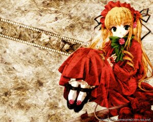 Rating: Safe Score: 0 Tags: 1girl blonde_hair blue_eyes bonnet bow bowtie dress flower frills full_body image long_hair long_sleeves looking_at_viewer red_dress red_flower red_rose rose shinku shoes sitting solo very_long_hair User: admin