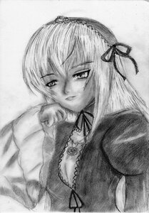 Rating: Safe Score: 0 Tags: 1girl detached_collar dress frills greyscale hairband image long_hair long_sleeves looking_at_viewer monochrome ribbon rose simple_background solo suigintou traditional_media upper_body white_background User: admin