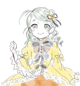 Rating: Safe Score: 0 Tags: 1girl blush bow dress drill_hair green_eyes green_hair hair_ornament image juliet_sleeves kanaria long_sleeves looking_at_viewer puffy_sleeves simple_background smile solo white_background yellow_dress User: admin