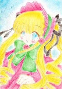 Rating: Safe Score: 0 Tags: 1girl blonde_hair blue_eyes blush bow bowtie dress flower image long_hair long_sleeves looking_at_viewer marker_(medium) pink_flower pink_rose rose shinku solo traditional_media very_long_hair User: admin