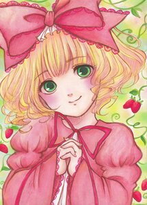 Rating: Safe Score: 0 Tags: 1girl apple blonde_hair bow dress flower food fruit grapes green_eyes hair_bow hands_clasped heart hina_ichigo hinaichigo image interlocked_fingers juliet_sleeves long_sleeves looking_at_viewer marker_(medium) object_namesake own_hands_together pink_bow puffy_sleeves ribbon short_hair smile solo strawberry traditional_media upper_body User: admin