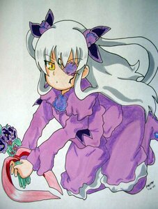 Rating: Safe Score: 0 Tags: 1girl barasuishou dress eyepatch flower frills full_body holding image long_hair long_sleeves purple_dress purple_flower purple_rose solo traditional_media two_side_up very_long_hair yellow_eyes User: admin