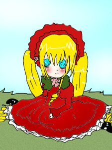 Rating: Safe Score: 0 Tags: 1girl blonde_hair blue_eyes blush bow dress frills image long_hair long_sleeves looking_at_viewer red_dress shinku sitting solo twintails User: admin