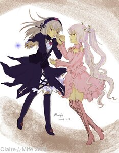 Rating: Safe Score: 0 Tags: 2girls boots dress flower frills hairband high_heels holding_hands image kirakishou long_hair multiple_girls pair pink_eyes rose suigintou thigh_boots thighhighs twintails User: admin