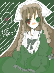 Rating: Safe Score: 0 Tags: 1girl bangs bow brown_hair dress expressionless frills green_background green_dress image long_hair long_sleeves looking_at_viewer red_eyes simple_background solo suiseiseki upper_body User: admin