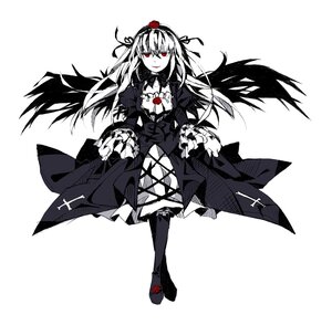 Rating: Safe Score: 0 Tags: 1girl black_wings dress flower frills full_body gothic_lolita hairband image lolita_fashion long_hair long_sleeves looking_at_viewer red_eyes rose solo suigintou white_background wings User: admin