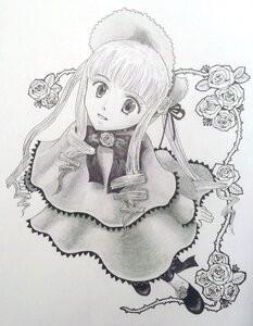 Rating: Safe Score: 0 Tags: 1girl capelet flower greyscale hat image long_hair long_sleeves looking_at_viewer monochrome rose shinku sidelocks smile solo striped twintails white_rose User: admin