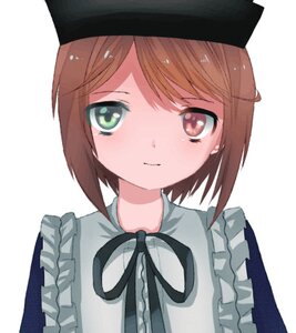 Rating: Safe Score: 0 Tags: 1girl apron bangs black_headwear black_ribbon blush brown_hair closed_mouth eyebrows_visible_through_hair frills hat image looking_at_viewer neck_ribbon ribbon short_hair simple_background solo souseiseki striped swept_bangs upper_body white_background User: admin