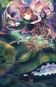 Rating: Safe Score: 0 Tags: 1girl brown_hair cloud dress frilled_dress frills green_dress green_eyes heterochromia image long_hair long_sleeves looking_at_viewer open_mouth red_eyes sky smile solo suiseiseki very_long_hair User: admin