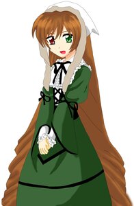 Rating: Safe Score: 0 Tags: 1girl :d brown_hair dress frills green_dress green_eyes head_scarf heterochromia image long_hair long_sleeves looking_at_viewer open_mouth red_eyes simple_background solo standing suiseiseki very_long_hair white_background User: admin