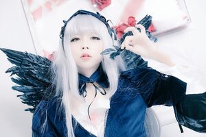 Rating: Safe Score: 0 Tags: 1girl bangs dress feathers hairband lips long_hair long_sleeves ribbon rose solo suigintou wings User: admin