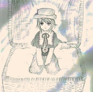 Rating: Safe Score: 0 Tags: 1girl field grass hat image looking_at_viewer monochrome short_hair sitting solo souseiseki User: admin