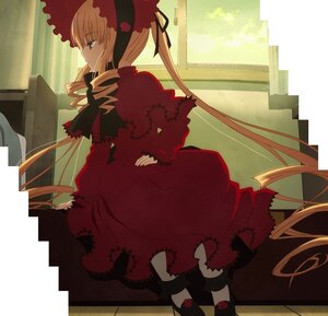 Rating: Safe Score: 0 Tags: 1girl blonde_hair blue_eyes bonnet bow dress drill_hair flower image indoors long_hair long_sleeves red_dress rose shinku sitting solo twintails very_long_hair window User: admin