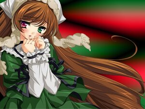 Rating: Safe Score: 0 Tags: 1girl blush brown_hair dress frills green_dress green_eyes hat heterochromia image long_hair long_sleeves looking_at_viewer red_eyes ribbon solo suiseiseki tears very_long_hair User: admin