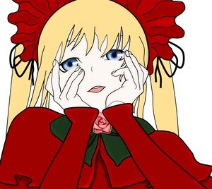 Rating: Safe Score: 0 Tags: 1girl bangs blonde_hair blue_eyes bonnet bow bowtie dress flower hands_on_own_cheeks hands_on_own_face image long_hair long_sleeves looking_at_viewer open_mouth red_flower red_rose ribbon rose shinku simple_background solo upper_body white_background yellow_background User: admin