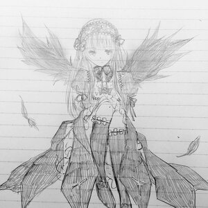 Rating: Safe Score: 0 Tags: 1girl black_wings dress feathered_wings frills graphite_(medium) greyscale hairband image kneehighs long_hair long_sleeves looking_at_viewer monochrome sitting sketch solo suigintou traditional_media wings User: admin