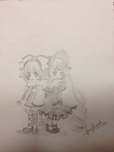 Rating: Safe Score: 0 Tags: 2girls artist_name bonnet bow dress hat hinaichigo image long_hair long_sleeves monochrome multiple_girls pair shinku short_hair sketch standing striped striped_legwear traditional_media twintails very_long_hair User: admin