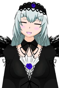 Rating: Safe Score: 0 Tags: 1girl black_dress blue_flower blue_rose blurry blush closed_eyes dress flower gothic_lolita hairband image lolita_fashion lolita_hairband long_hair long_sleeves open_mouth rose silver_hair smile solo suigintou upper_body white_background User: admin