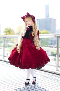 Rating: Safe Score: 0 Tags: 1girl bangs blonde_hair blue_eyes blurry bow dress fence flower full_body lolita_fashion long_hair looking_at_viewer pantyhose red_dress rose shinku shoes solo standing tile_floor tiles white_legwear User: admin