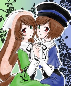 Rating: Safe Score: 0 Tags: 2girls blue_dress brown_hair dress frills green_dress green_eyes hat head_scarf heterochromia holding_hands image interlocked_fingers long_hair long_sleeves looking_at_viewer multiple_girls pair red_eyes short_hair siblings sisters smile souseiseki suiseiseki top_hat twins User: admin