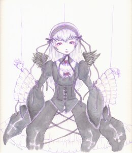 Rating: Safe Score: 0 Tags: 1girl black_wings detached_collar dress frilled_sleeves frills hairband image long_hair long_sleeves looking_at_viewer pink_eyes ribbon rose silver_hair solo suigintou traditional_media wings User: admin