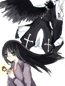 Rating: Safe Score: 0 Tags: 1girl black_hair black_wings flower green_eyes holding_flower image long_hair long_sleeves rose solo striped striped_background suigintou vertical_stripes wings User: admin