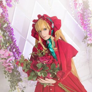 Rating: Safe Score: 0 Tags: 1girl blonde_hair blue_eyes bonnet dress flower long_hair long_sleeves looking_at_viewer pink_flower red_capelet red_dress shinku solo User: admin